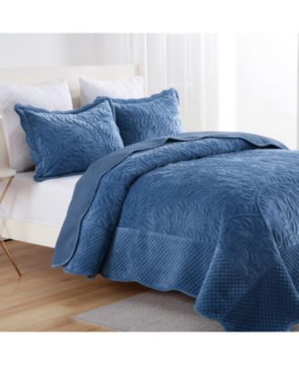 3 Pc Luxury Velvet Oversized Embroidery Soft and Plush Quilt Set Queen