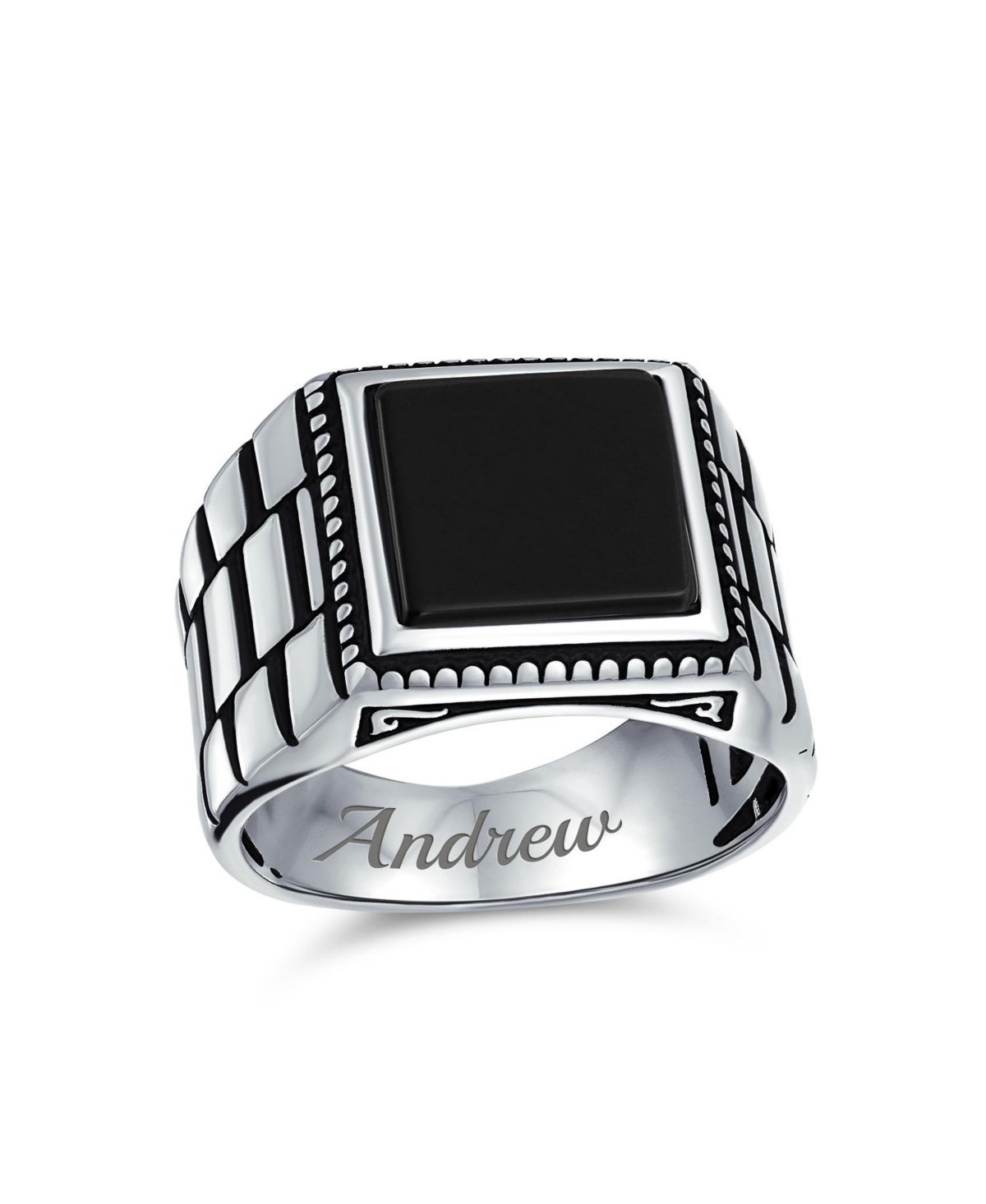 Bling Jewelry Watch Band Style NaturalStatement Rectangle Signet Ring Silver - Black onyx