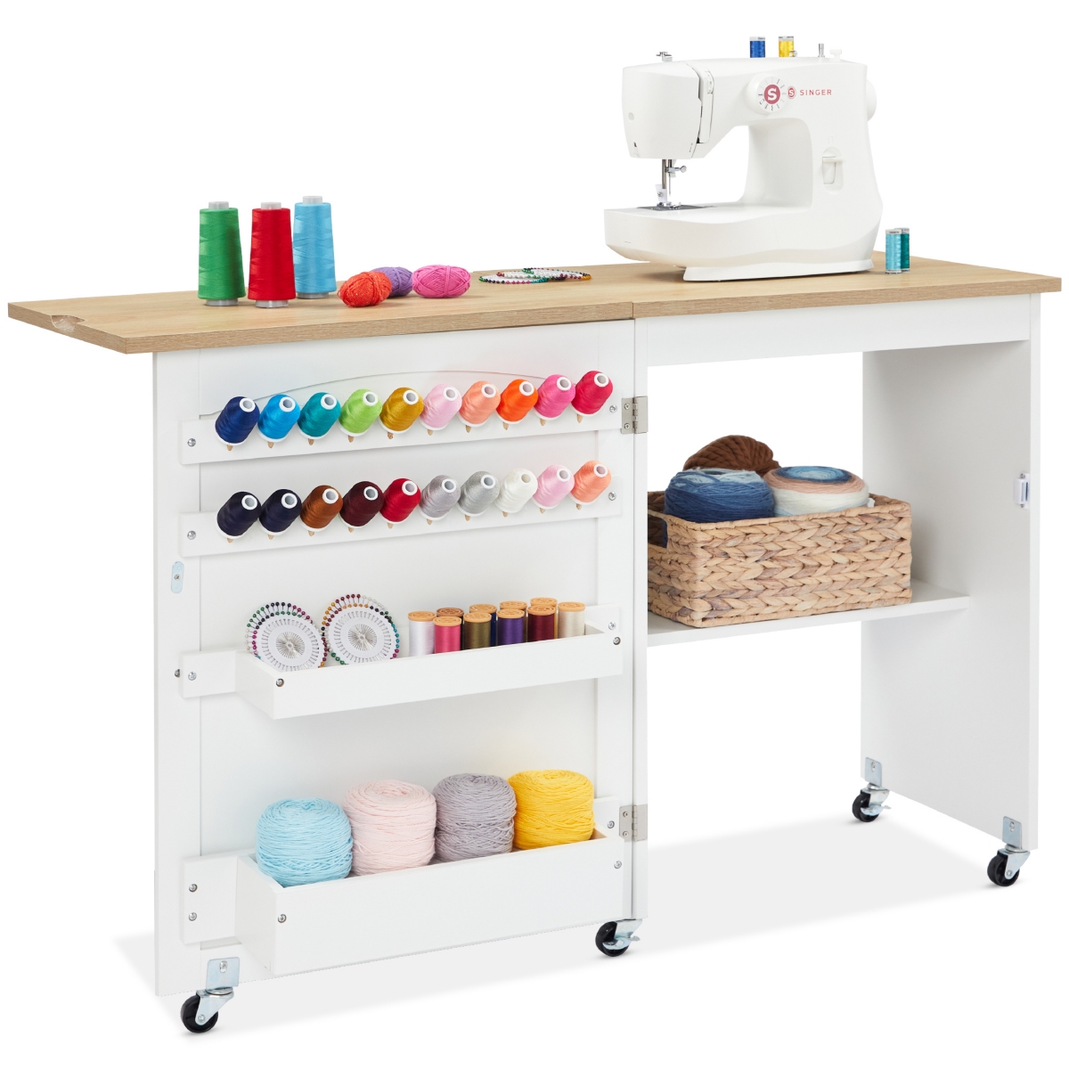 Best Choice Products Sewing Machine Table & Desk w/ Craft Storage and Trays -white