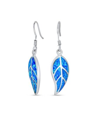 Native American Inspired Red Brown Blue Created Opal Inlay Lever back Nature Leaf Dangle Drop Earrings .925 Sterling Silver
