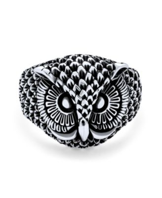 Protection Wise Owl Bird Band Ring Oxidized .925 Sterling Silver