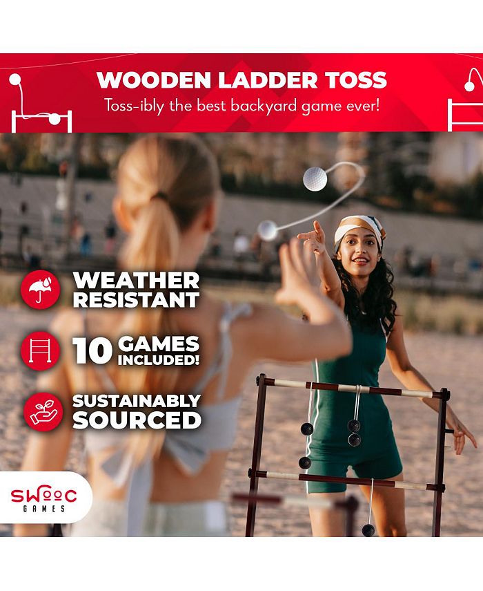 SWOOC Wooden Ladder Ball Game Set (Weather Resistant) - With 10 Games & Carrying Case - Easy, No Tool Asssembly - Yard Games - Brown - Medium