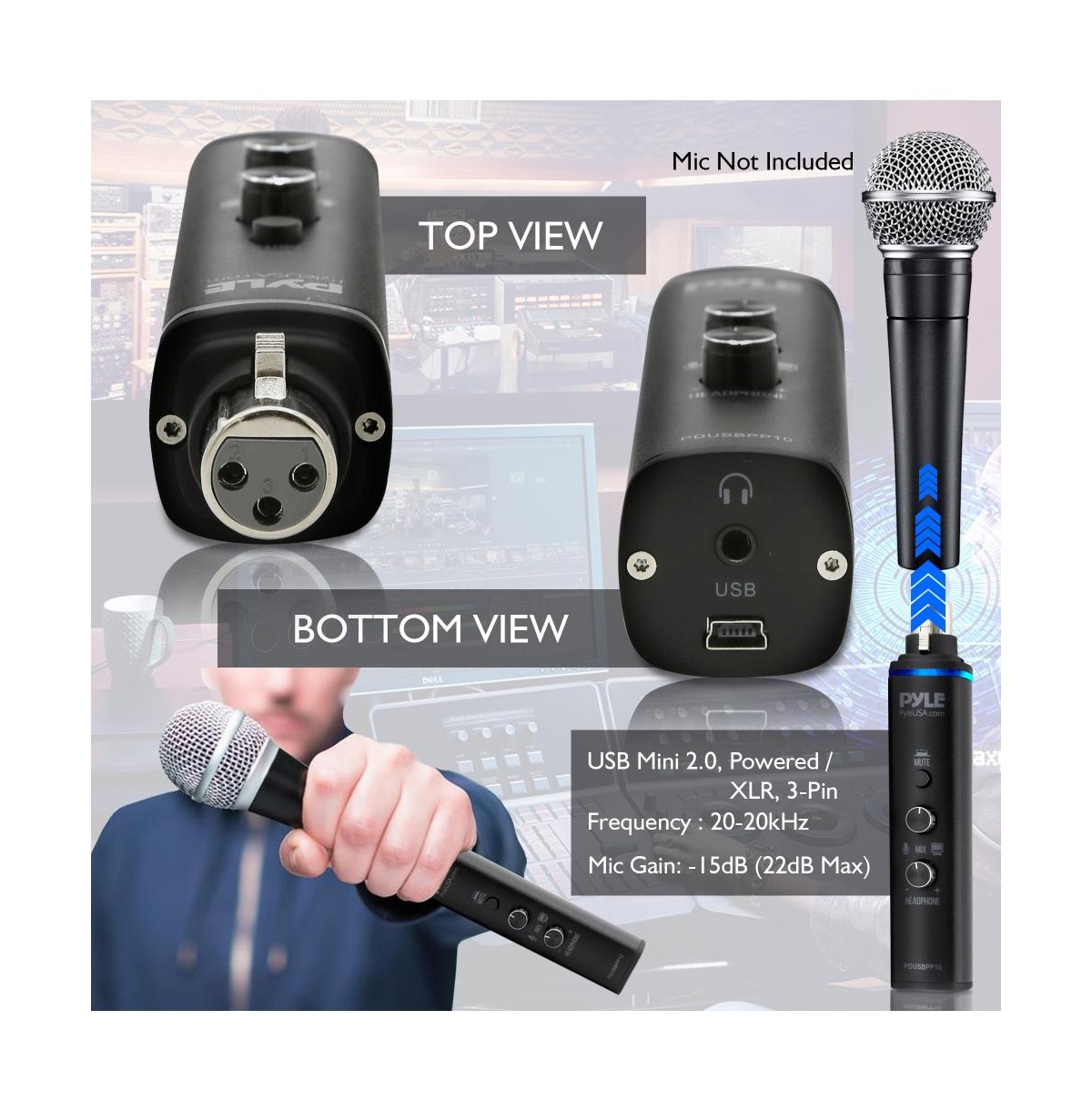 Pyle Xlr-to-usb Microphone Adaptor, Usb Mic Interface with Volume Control and +48V Phantom Power