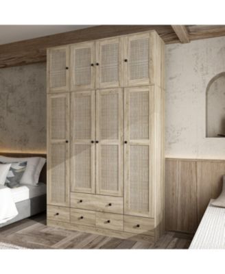 Brown Rattan Doors Wardrobe with 5-Drawers,2-Hanging Rods,Top Cabinet