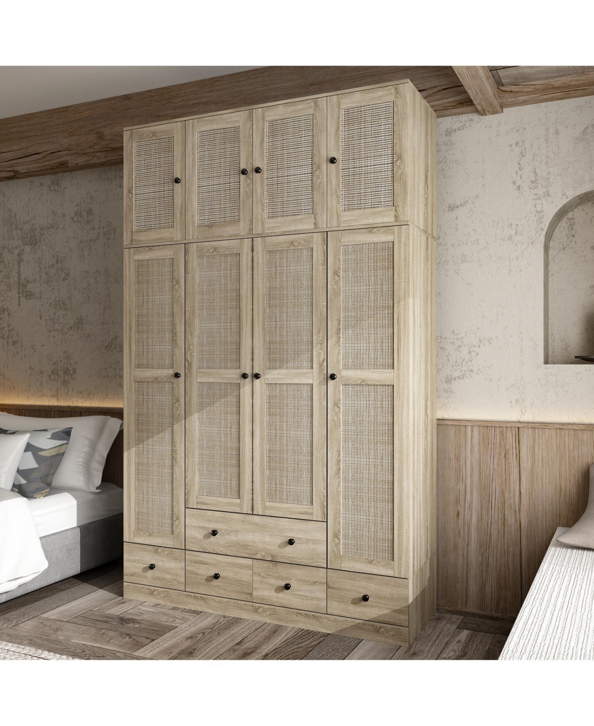 Famapy Brown Rattan Doors Wardrobe with 5-Drawers,2-Hanging Rods,Top Cabinet