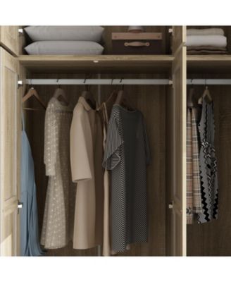 Brown Rattan Doors Wardrobe with 5-Drawers,2-Hanging Rods,Top Cabinet