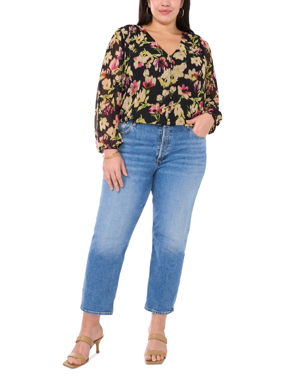 Vince Camuto Plus Size Floral-Print V-Neck Blouse