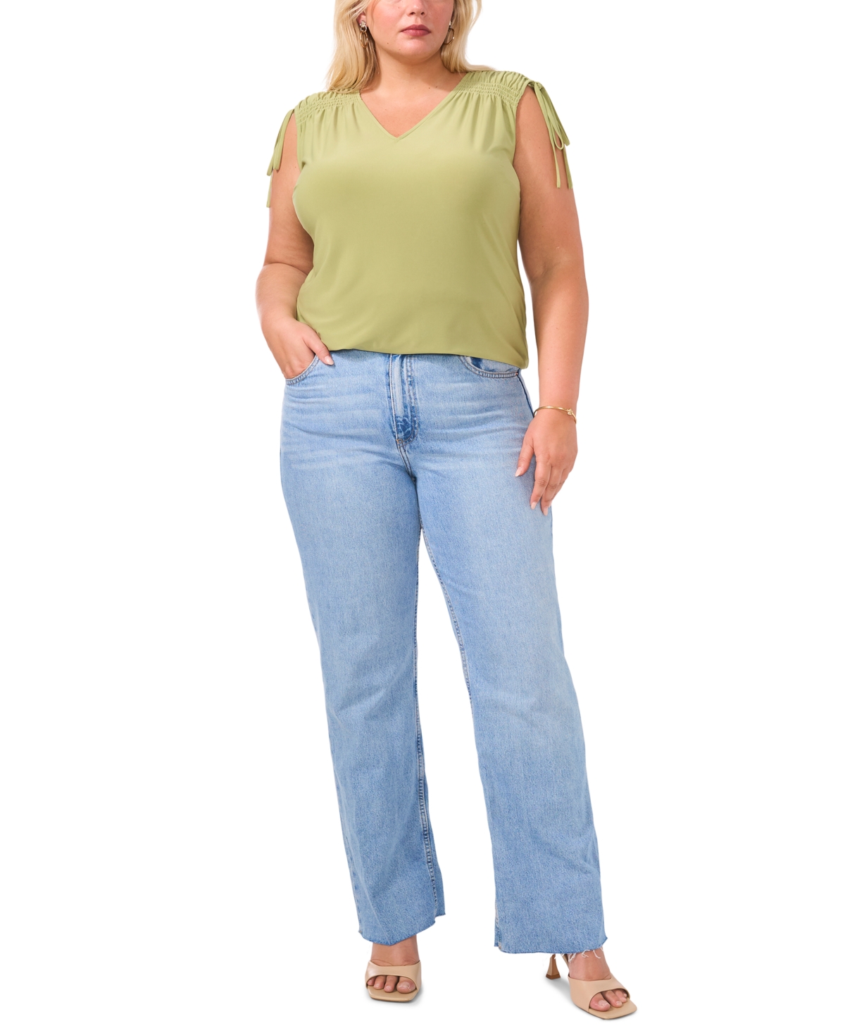 VINCE CAMUTO PLUS SIZE SOLID COLOR V-NECK SHIRRED SHOULDER TOP 