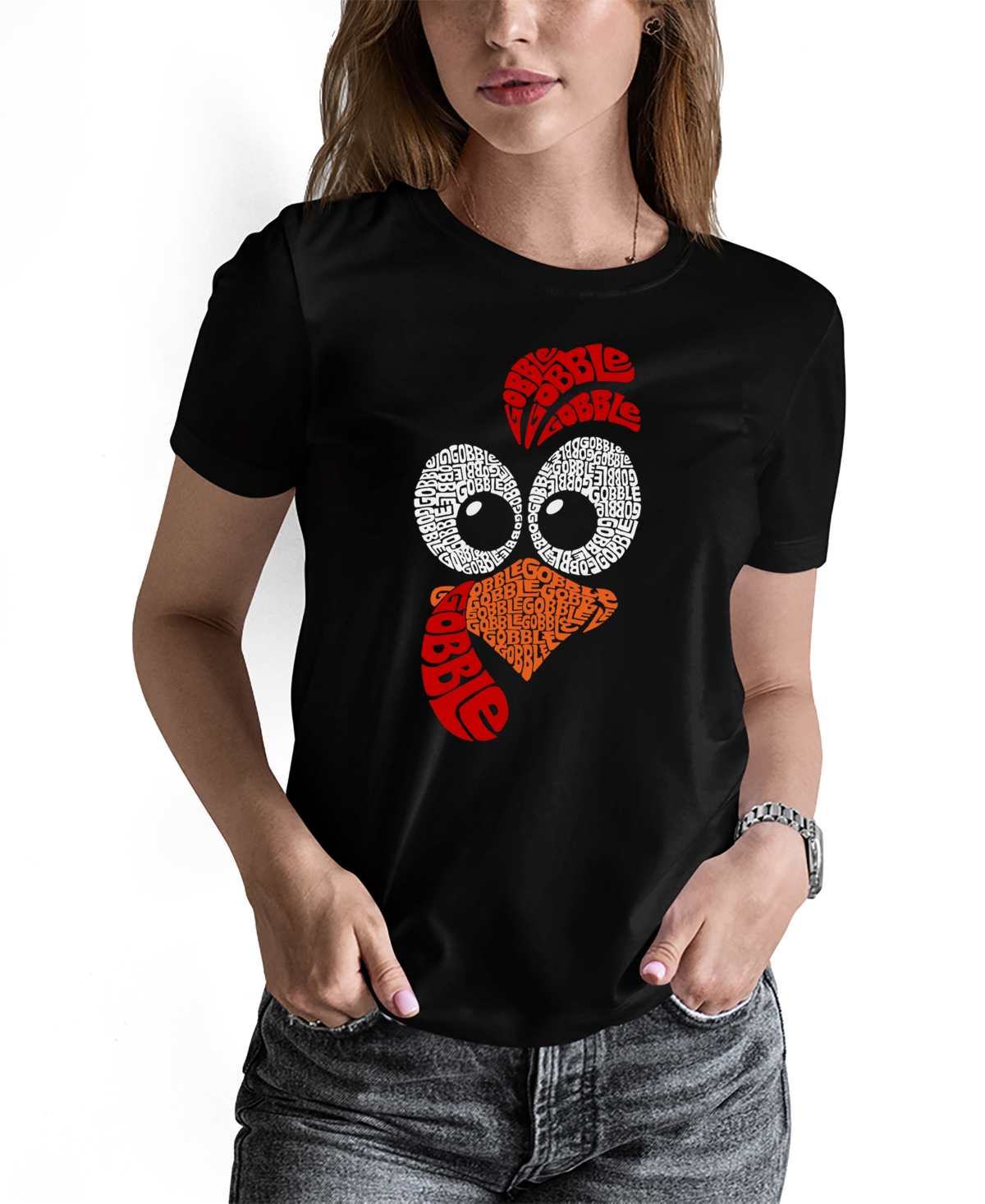 Shop La Pop Art Women's Turkey Face Word Art Crew Neck T-shirt In Black