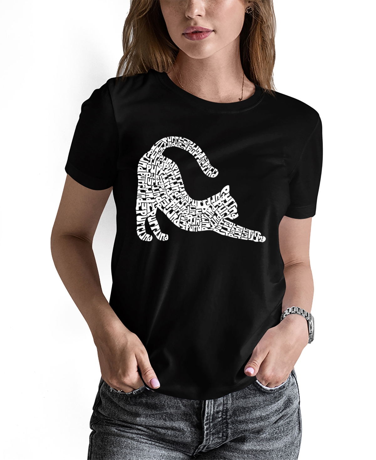 LA POP ART WOMEN'S STRETCHING CAT WORD ART CREW NECK T-SHIRT 