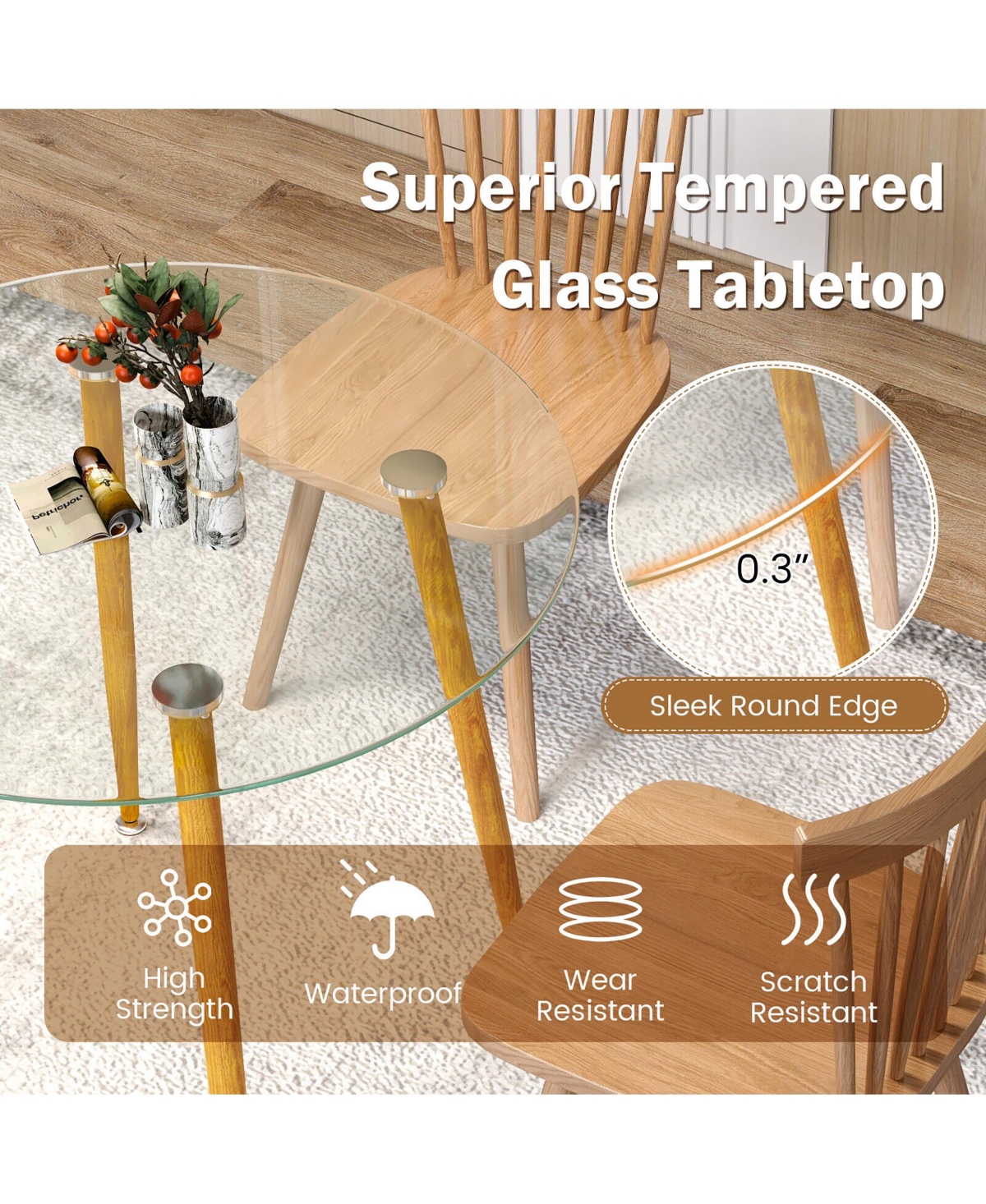 Gymax Leisure Coffee Table Round Glass Dining Table w/ Metal Legs Kitchen Living Room - Clear+natural