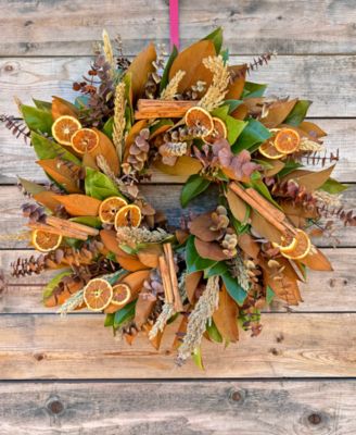 Real Wreath Fresh Magnolia, Preserved Baby Blue Eucalyptus, Dried Sorgum, Real Cinnamon and Dehydrated Orange Slices, 22"