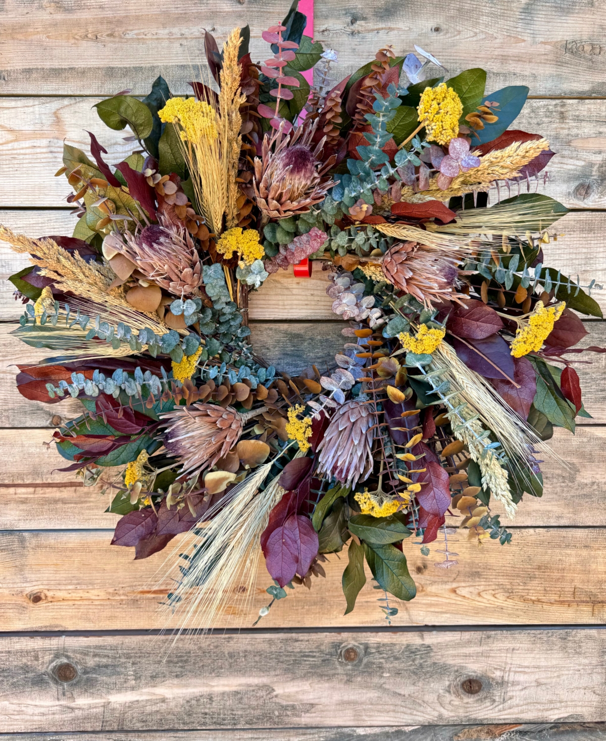 GreenishBlu Real Preserved Wreath Salal Brown, Red, Wheat, Sorghum, Dried Pink Ice Protea Flower, Baby Blue Eucalyptus and Yellow Yarrow, 22