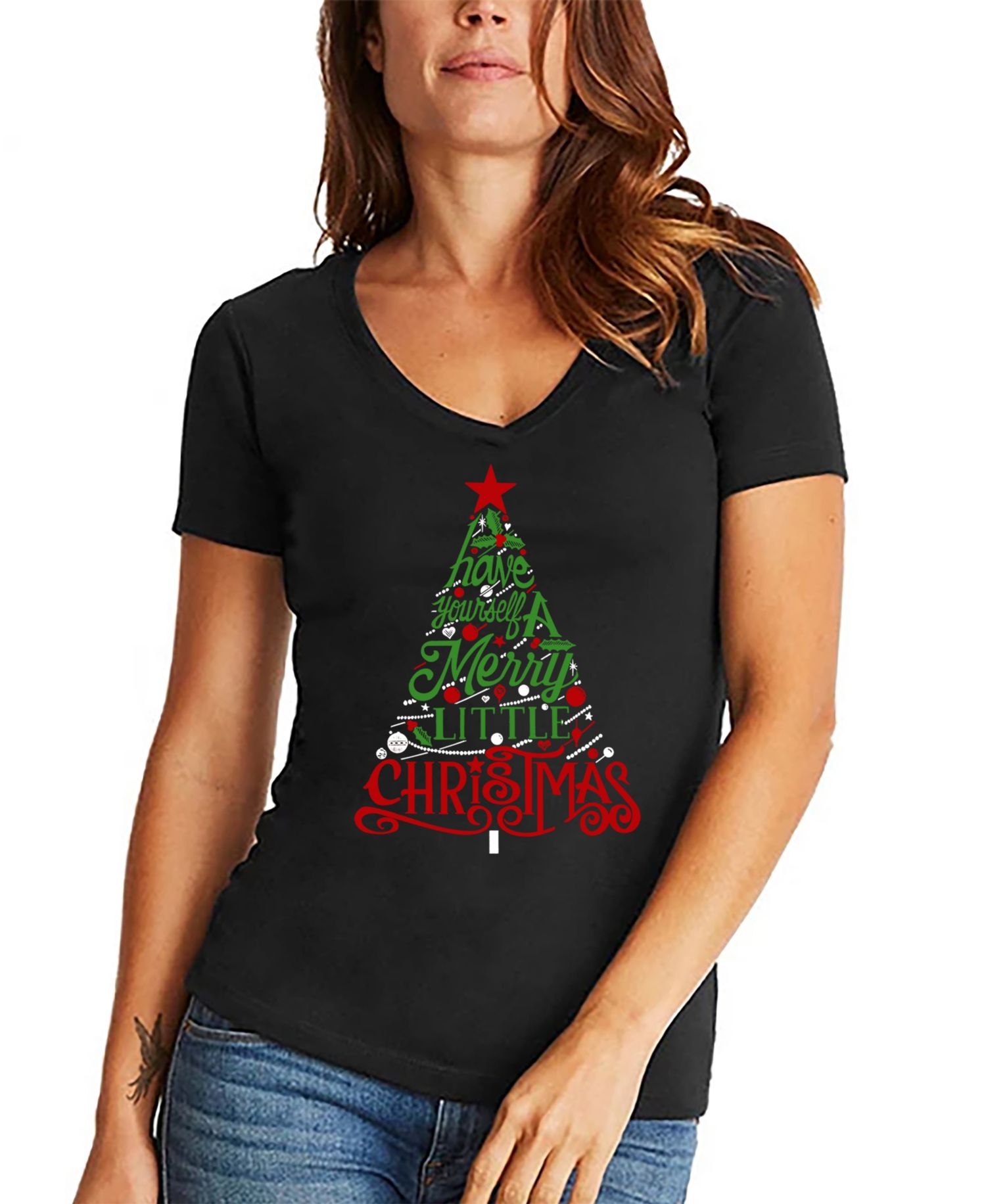Women's Have Yourself a Merry Little Christmas Word Art V-Neck T-shirt