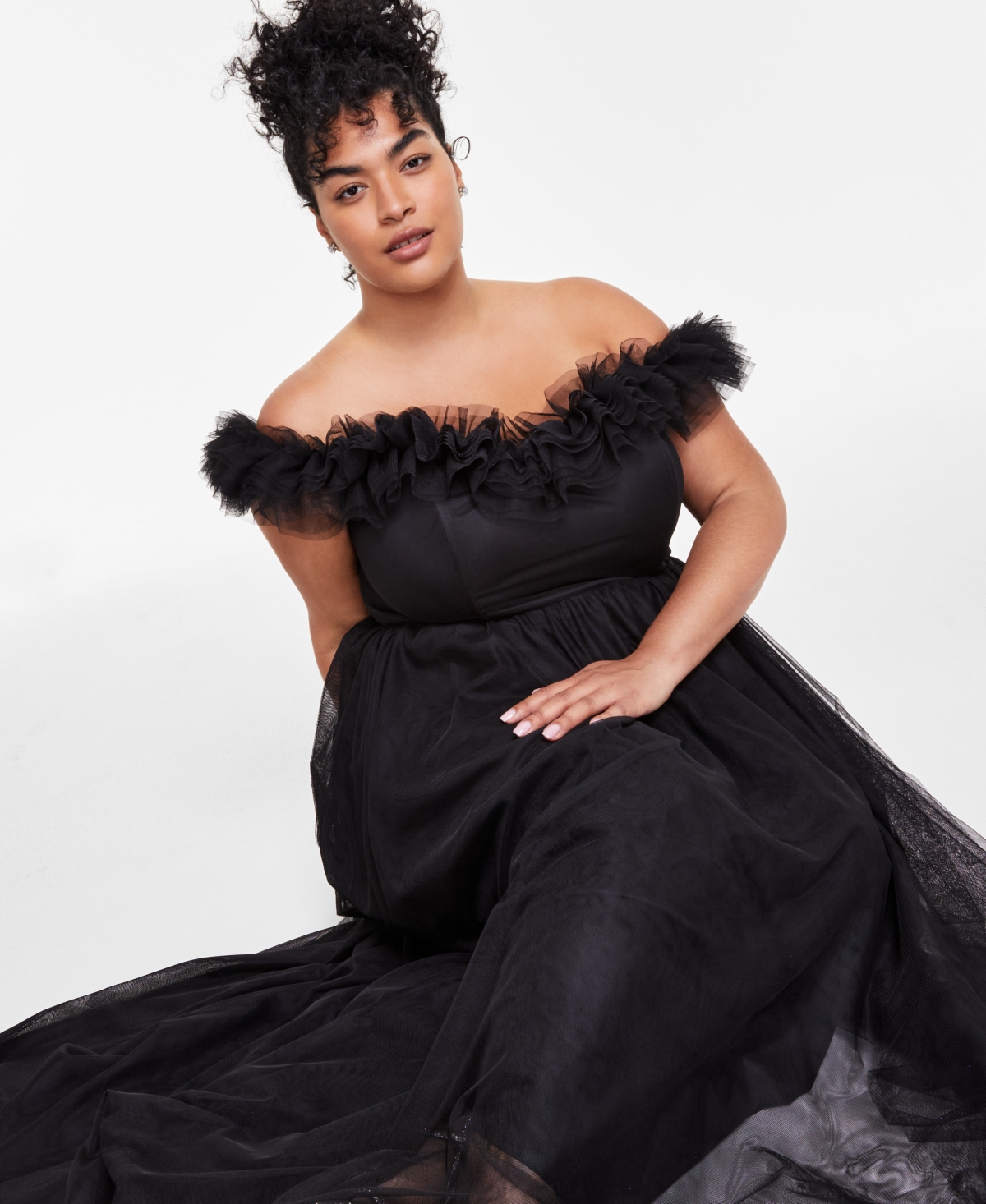 City Studios Trendy Plus Size Tulle-Trim Off-The-Shoulder Gown, Created for Macy's