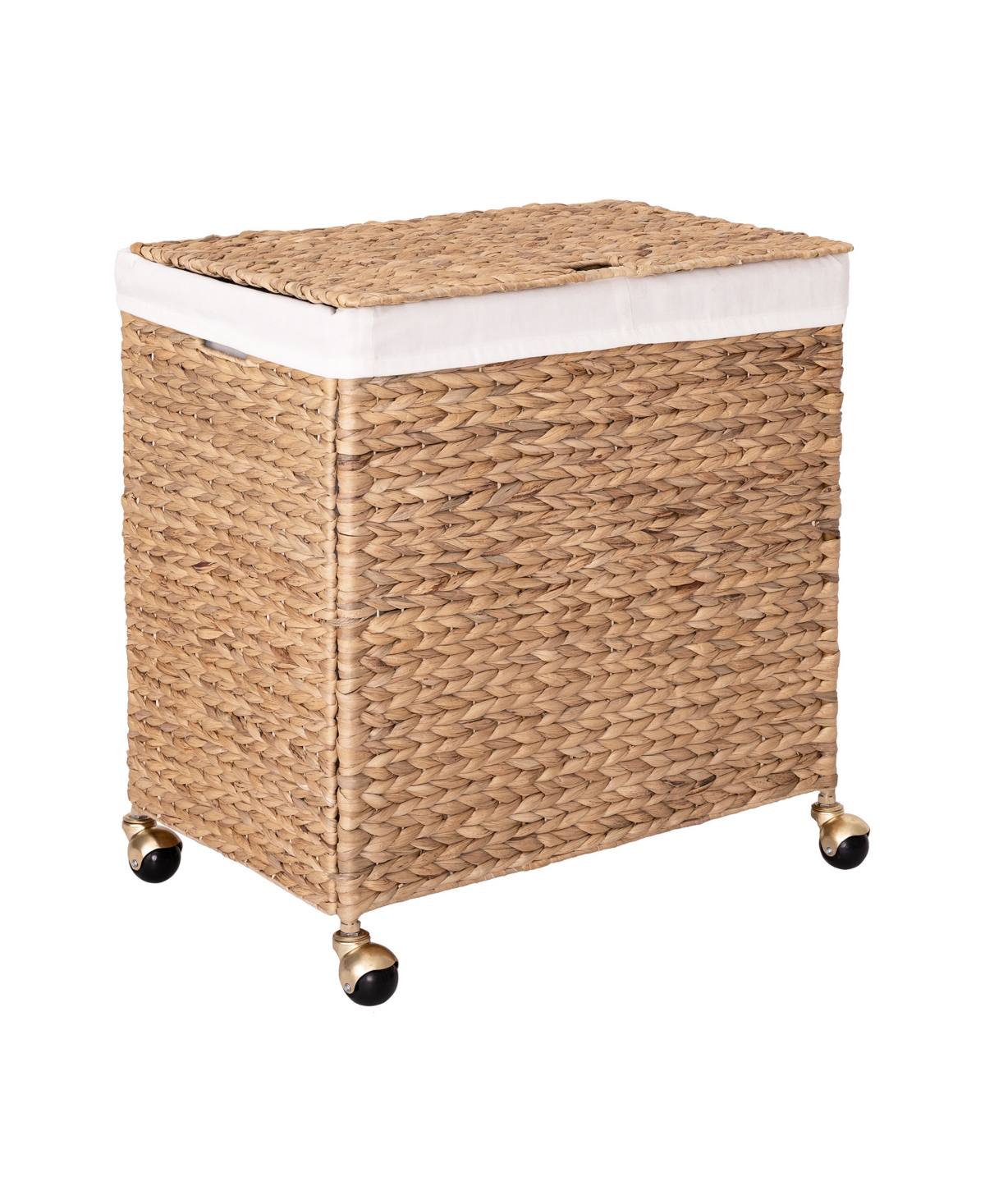 Double Handwoven Lidded Rolling Laundry Hamper with Gold Sphere Casters - Natural
