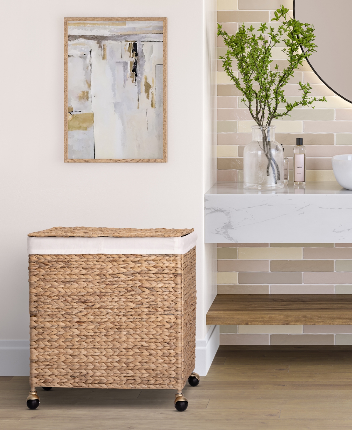 Seville Classics Double Handwoven Lidded Rolling Laundry Hamper With Gold Sphere Casters In Natural