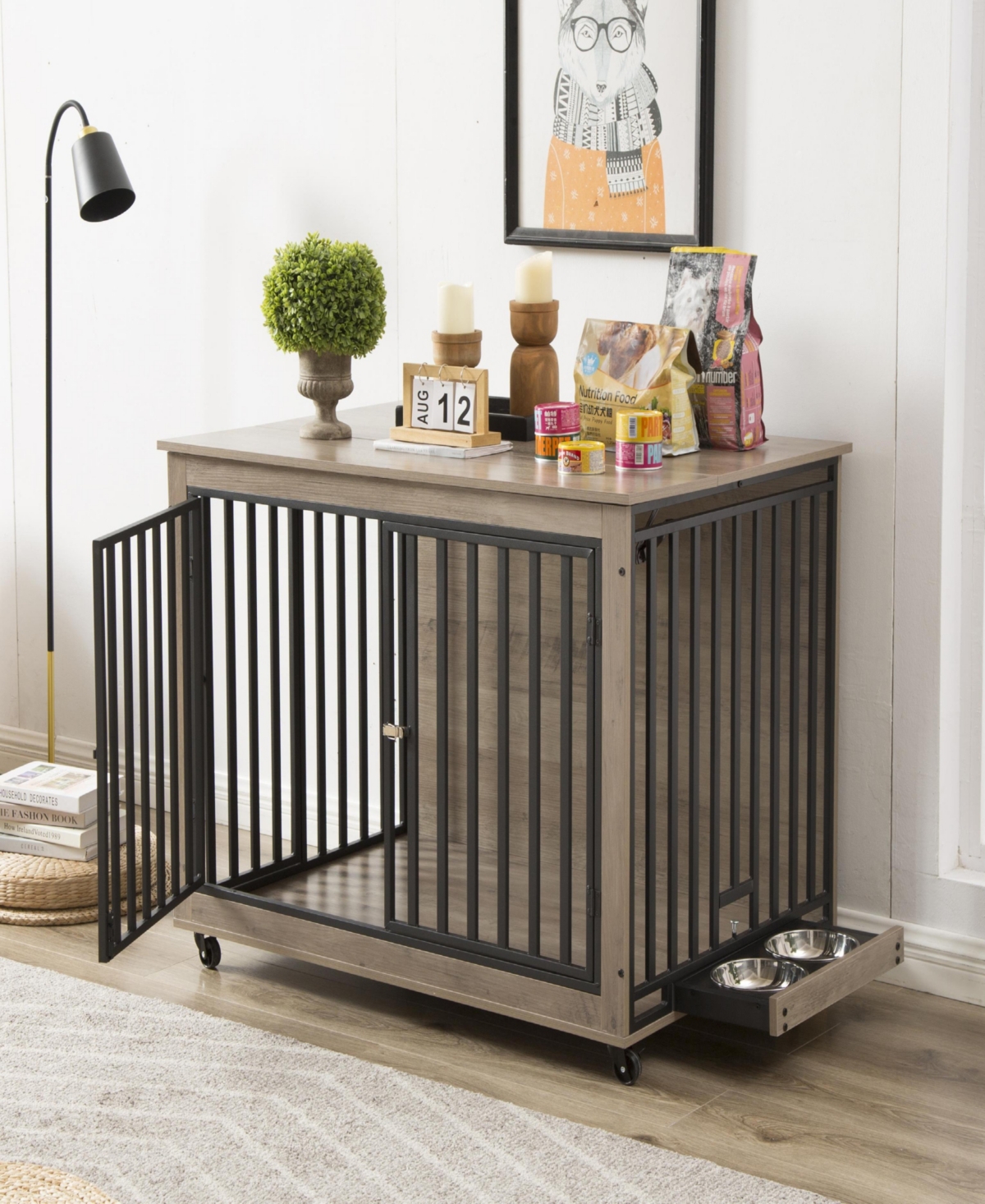 Slickblue Furniture Style Dog Crate Side Table with Integrated Feeding Bowl; Elegant and Practical