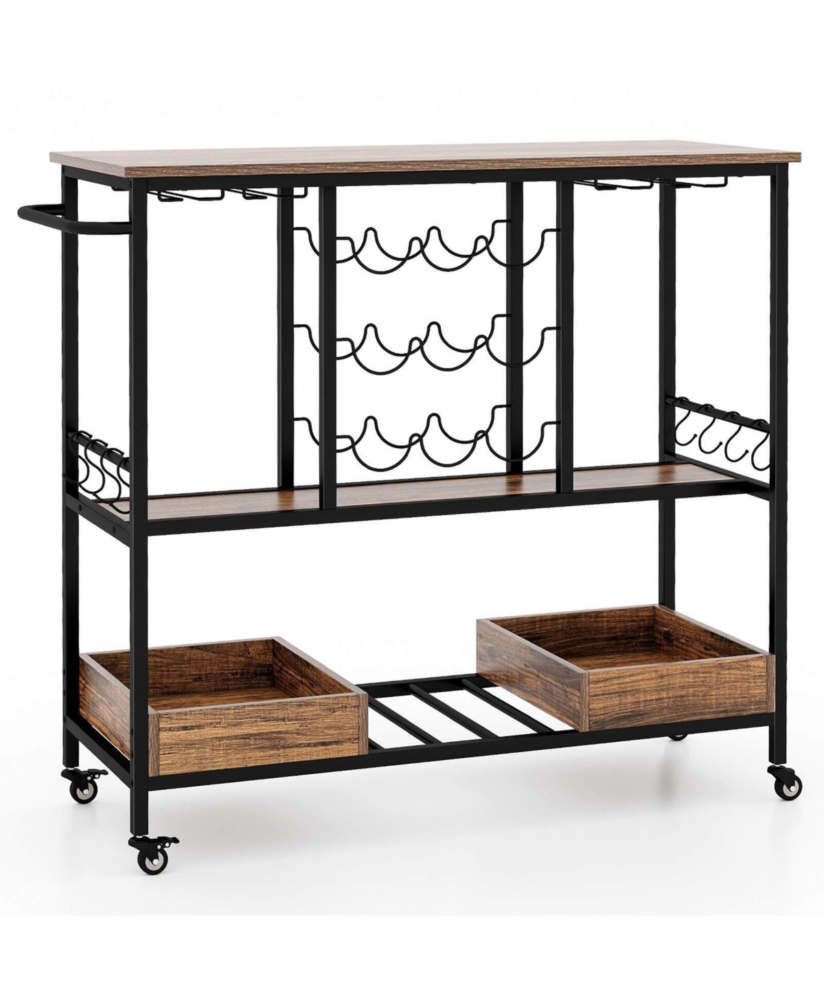 Costway 3 Tiers Bar Cart Home Serving Cart on Wheels with Glass Racks Wine Holders