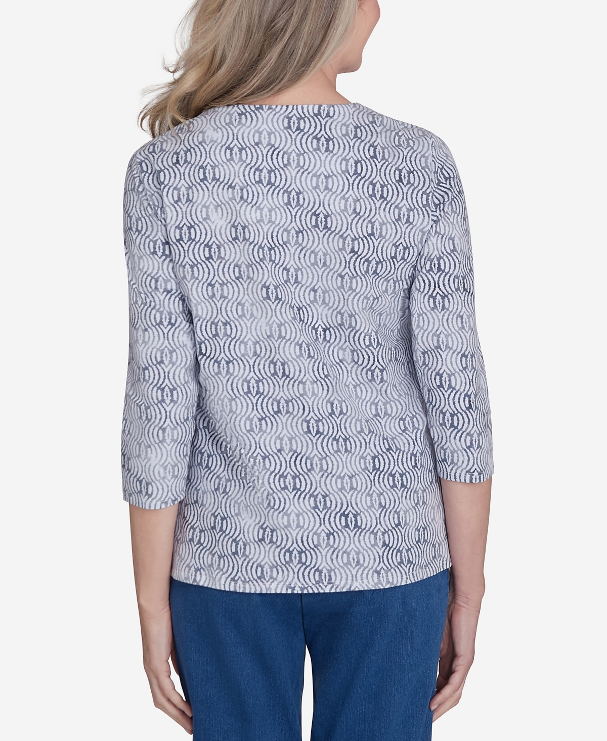 Alfred Dunner Harvest Moon Women's Textured Floral Embroidered Split Neck Top In Grey