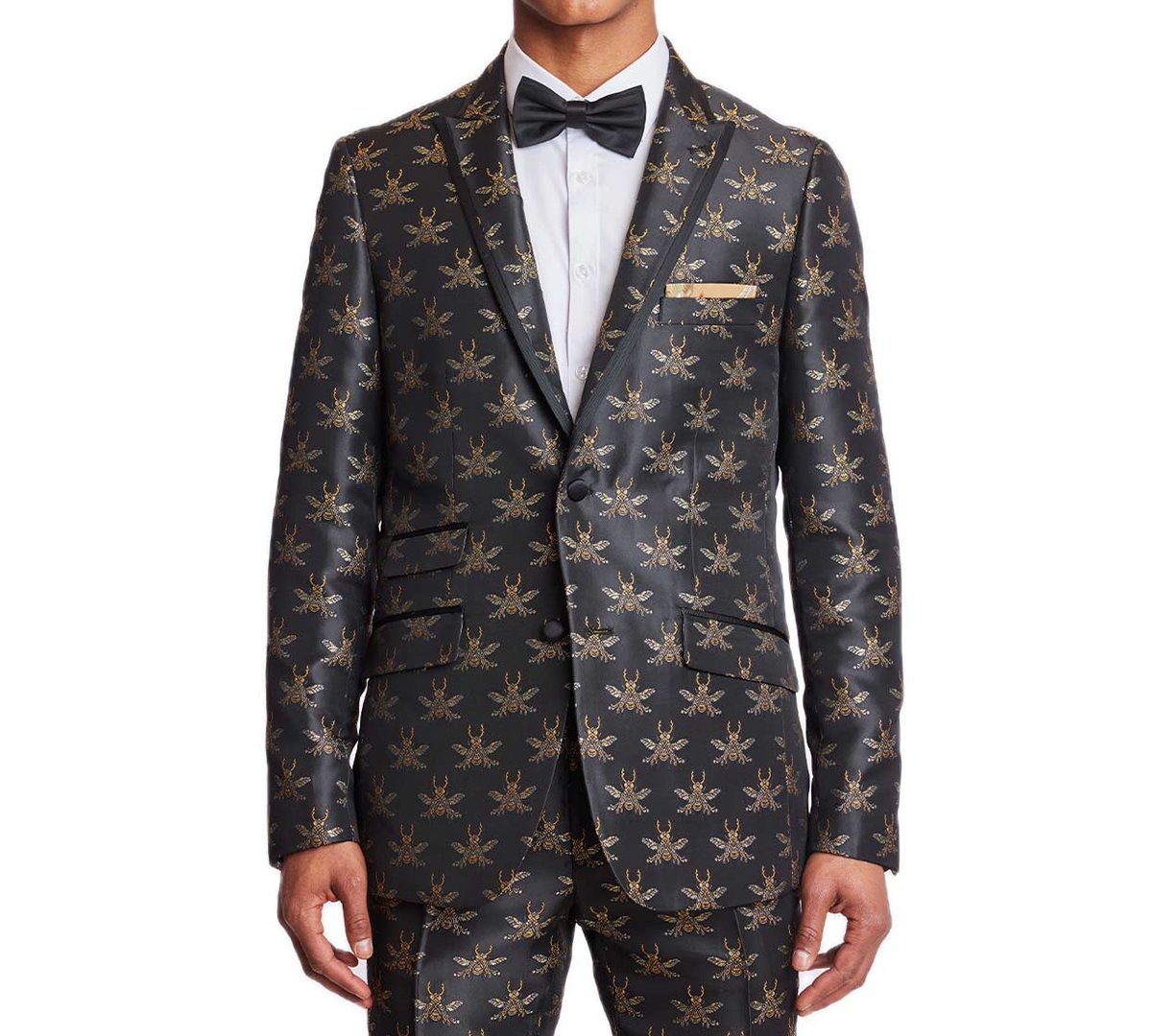 Men's Grosvenor Slim Fit Bee Print Tuxedo Jacket - Black Bees