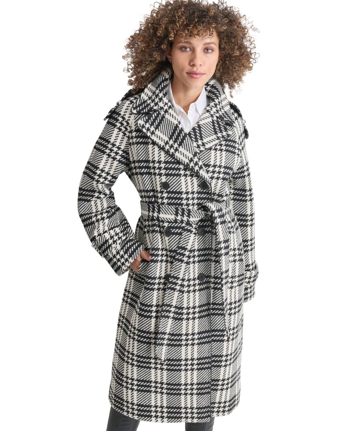 Shop Dkny Women's Wool Blend Double-breasted Wrap Coat In Black,white Plaid
