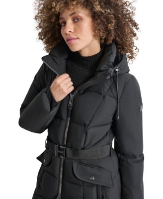 Womens Maxi Belted Hooded Puffer Coat