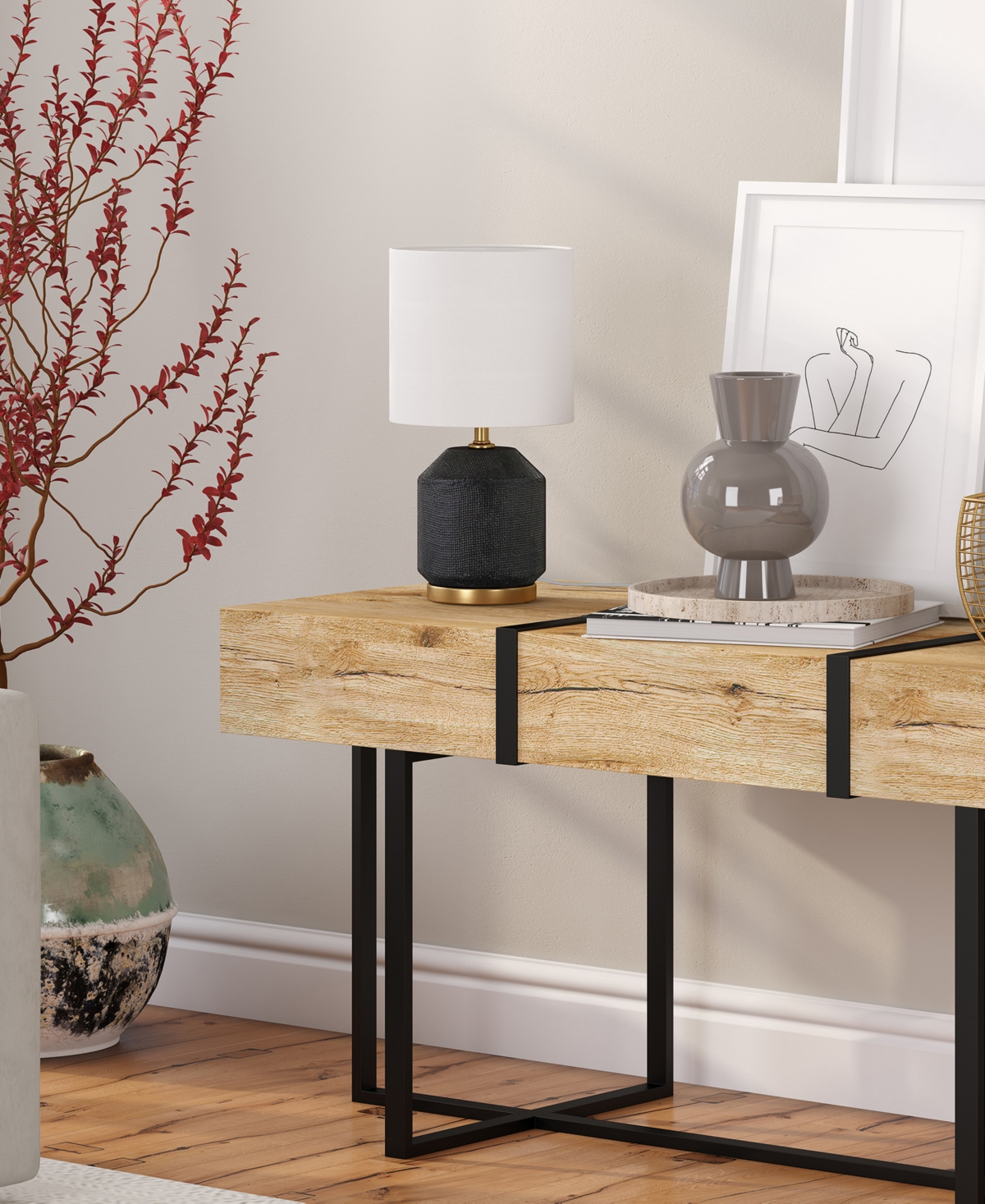 Hudson & Canal 15" Ceramic Esther Mini Lamp In Matte Black,antique Brass