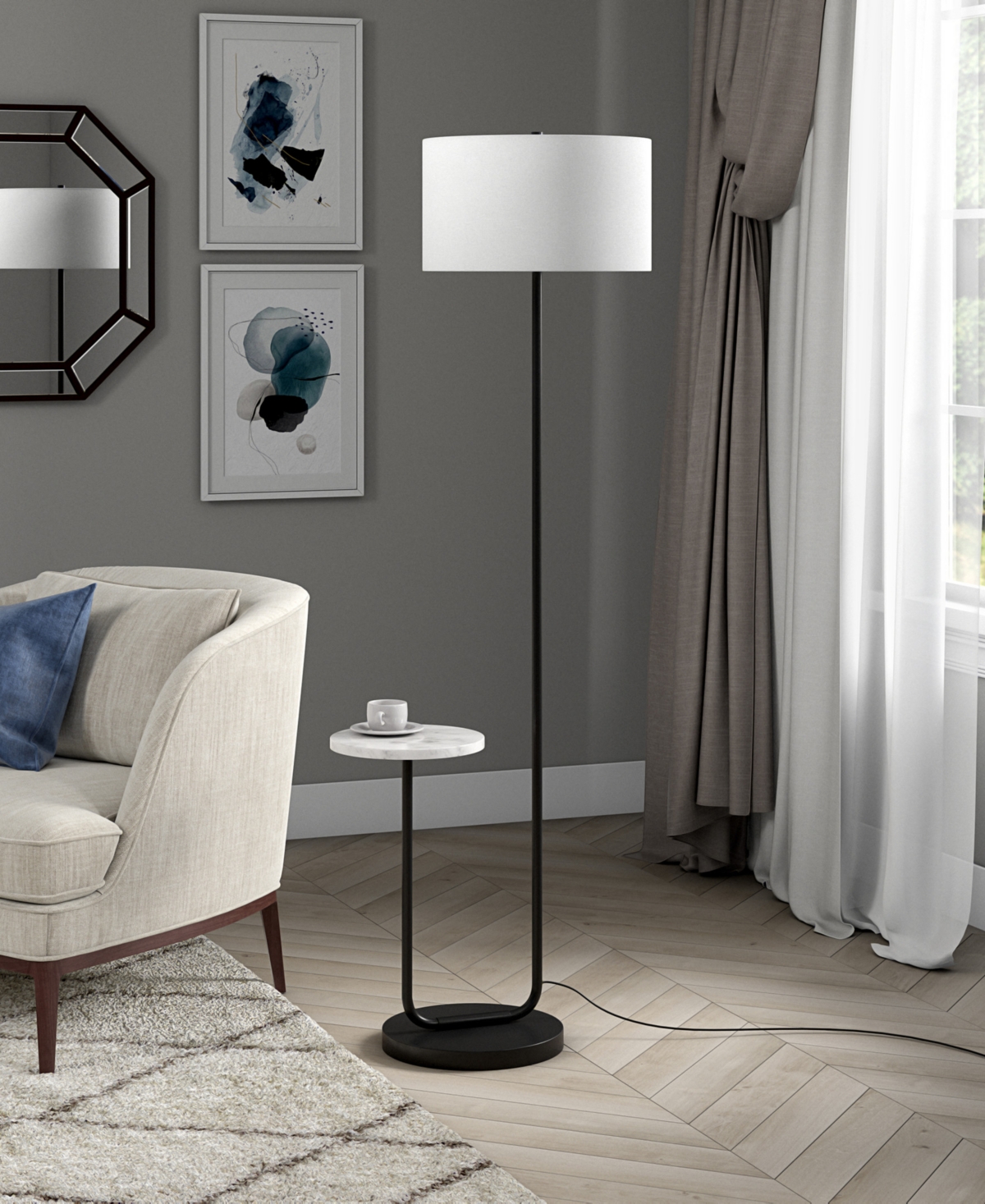 Hudson & Canal 65.75" Metal Jacinta Floor Lamp In Blackened Bronze,white Marble