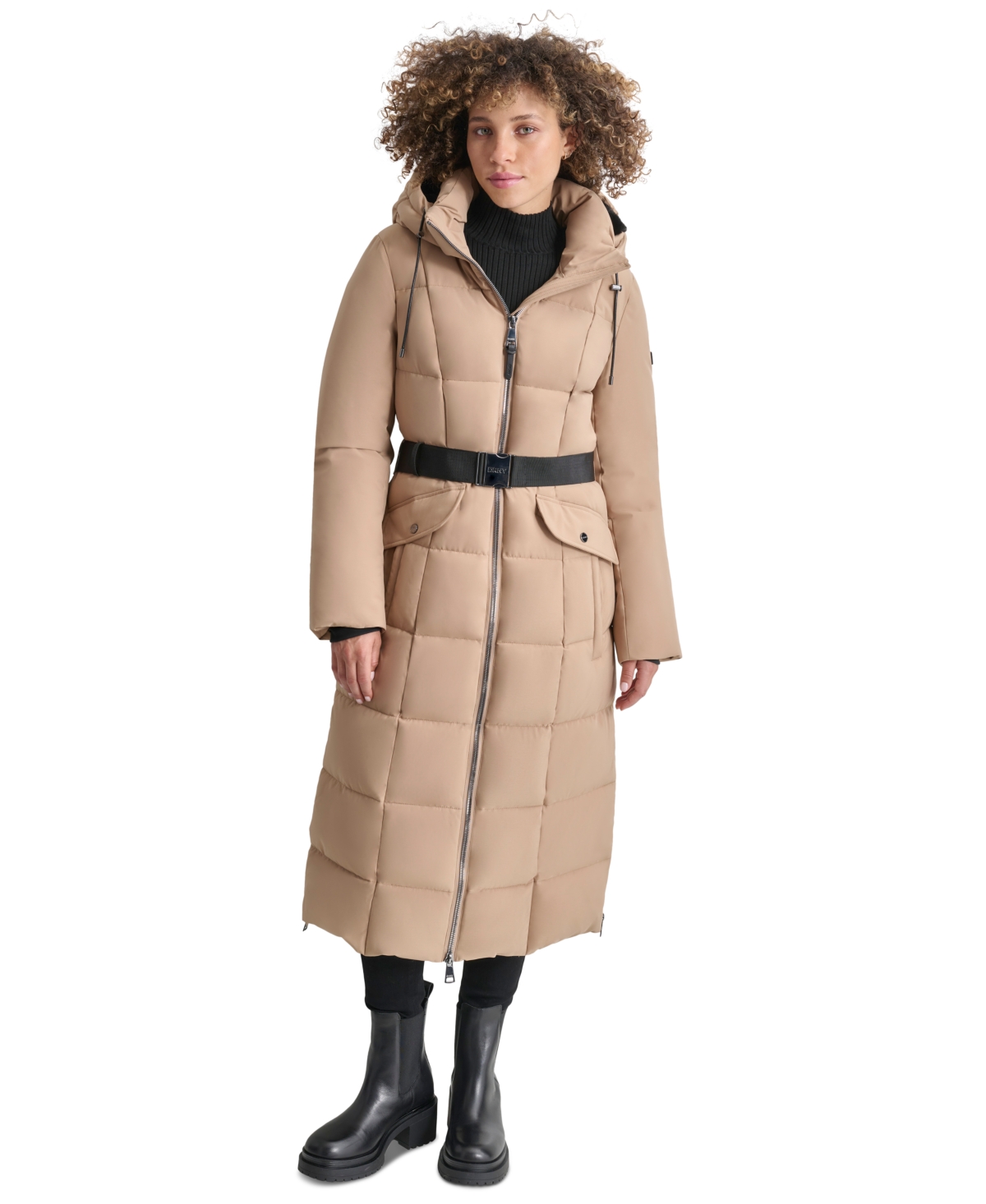 Shop Dkny Womens Maxi Belted Hooded Puffer Coat In Camel