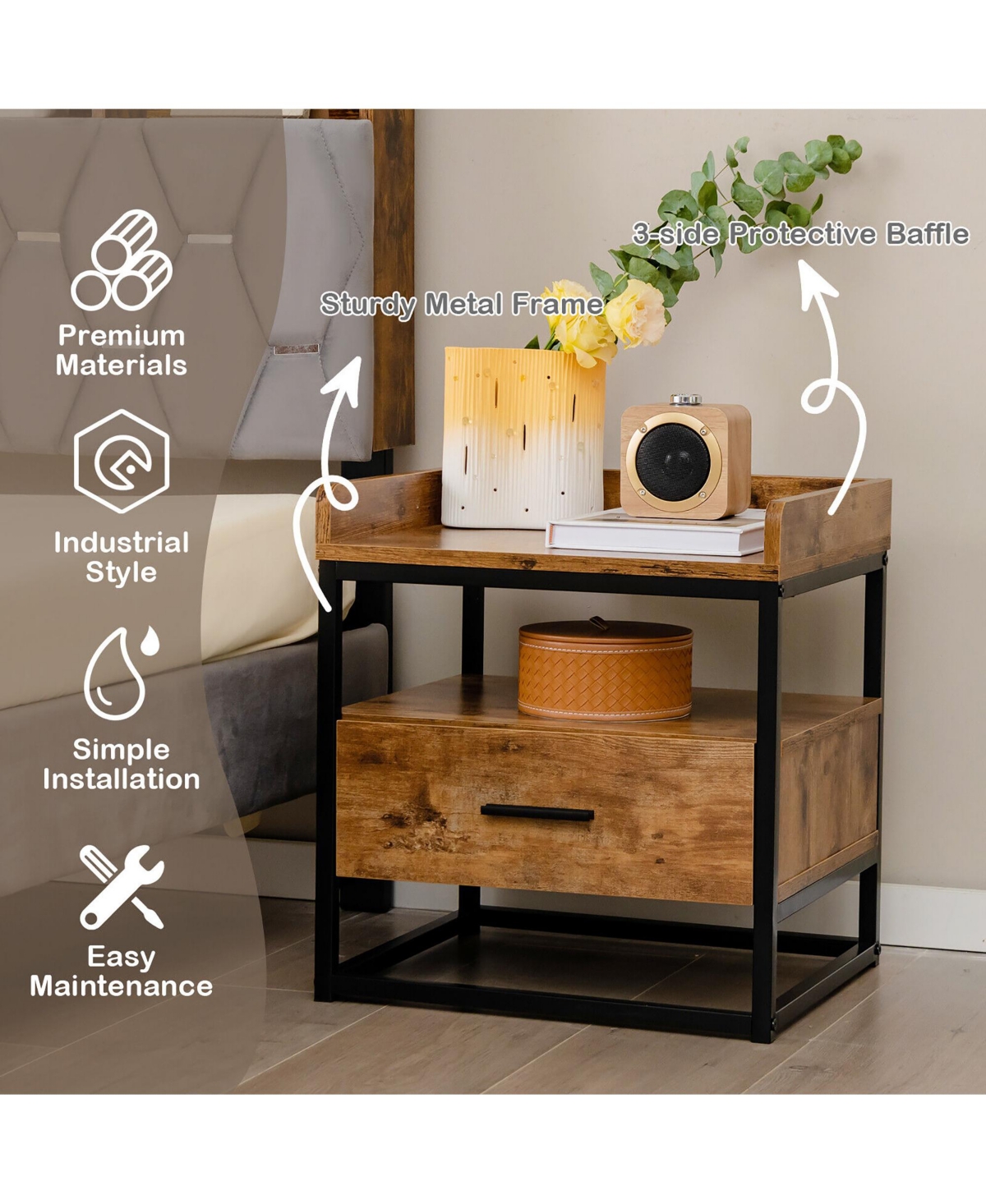 Gymax Nightstand Side End Sofa Table w/ Drawer Metal Frame for Living Room Bedroom