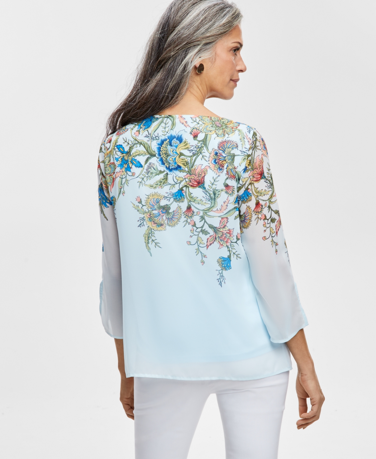 Jm Collection Women's Printed Split Sleeve Necklace Top, Created for Macy's