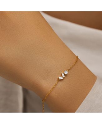 18K Gold Plated Sterling Silver Chain Link Bracelet with Round, Pear, and Emerald Cut Cubic Zirconia Stones