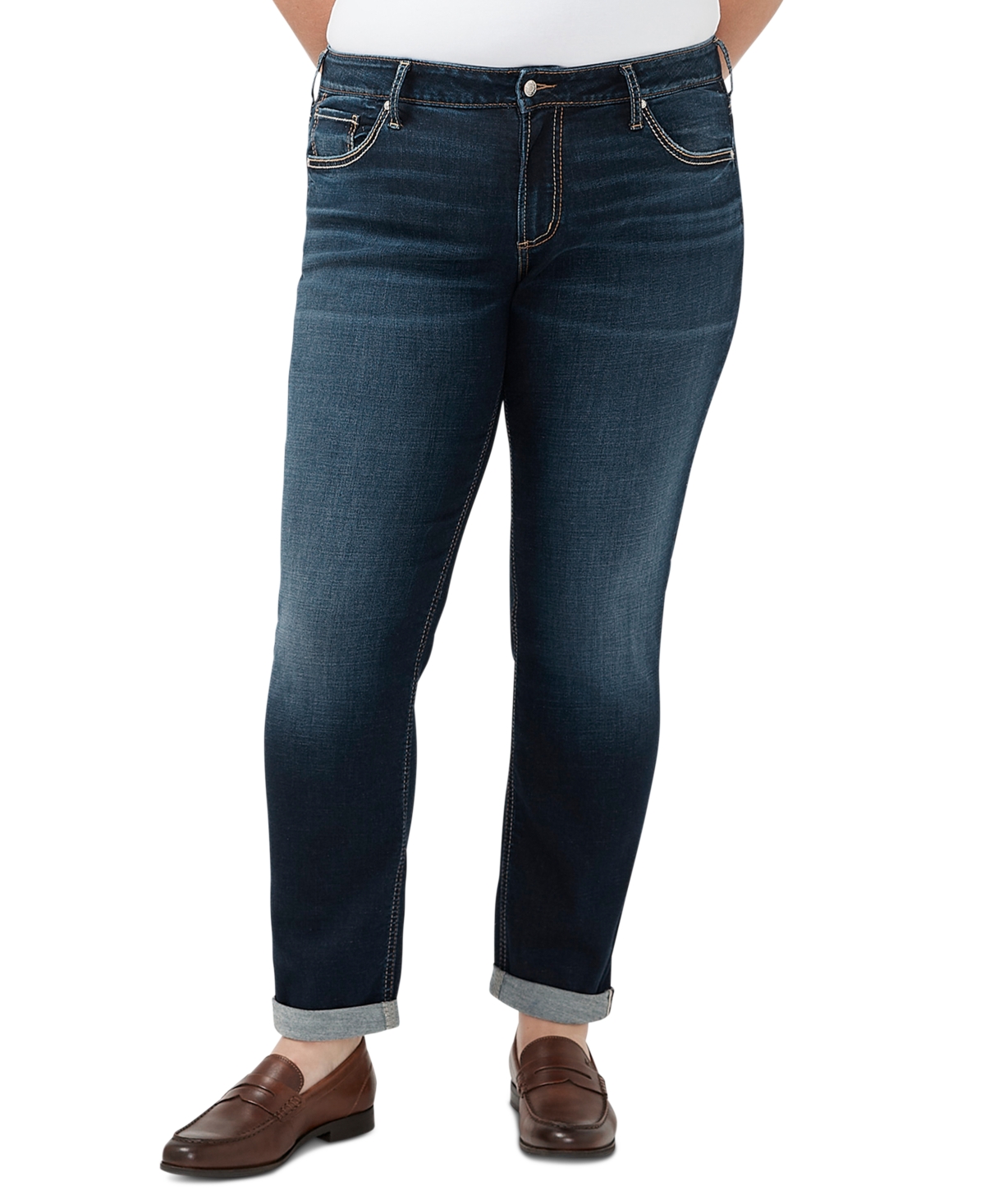 Shop Silver Jeans Co. Plus Size Mid Rise Slim Leg Cuffed Boyfriend Jeans In Indigo