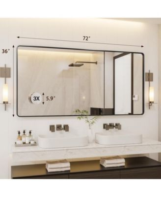 Black Metal Framed Bathroom Mirror for Over Sink 72 36" Vanity Rounded Rectangle Wall Mirror with 3X Magnifying Gass Wall Mounted Home Decor (Hangs Horizontally or Vertically)