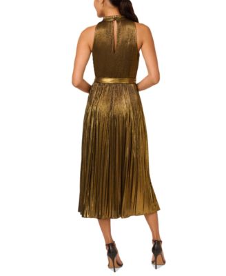 Women's Metallic Pleated Tie-Waist Halter Dress