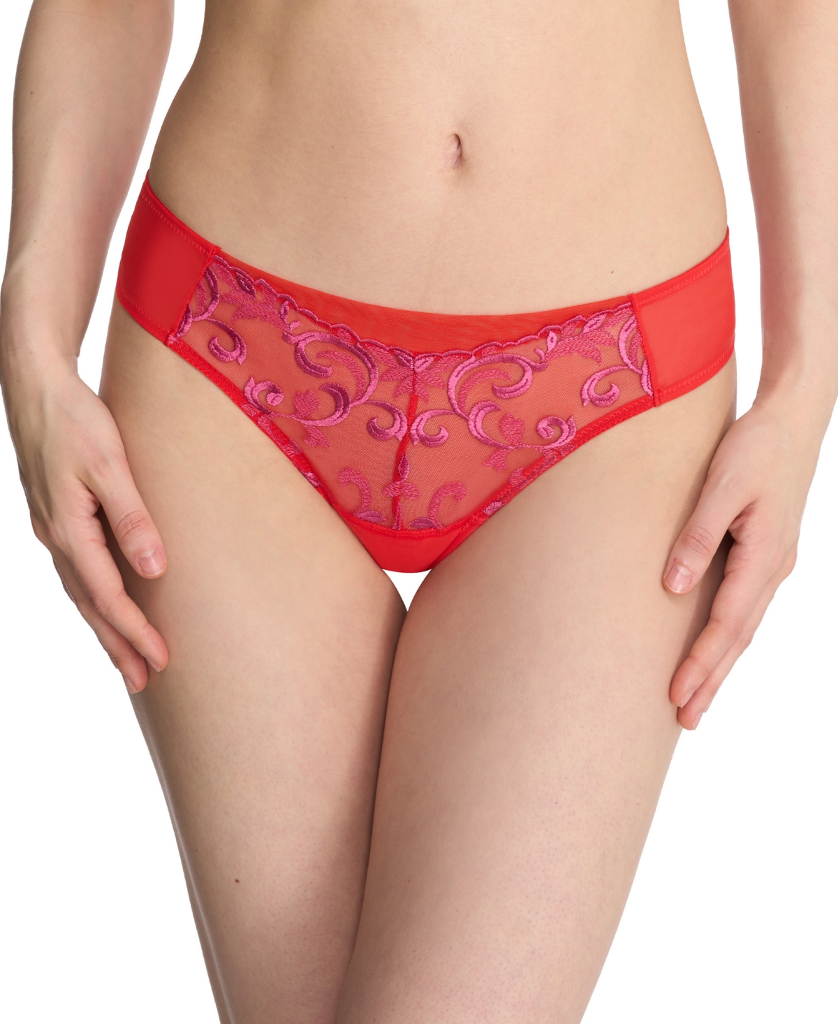 Natori Embroidered Mesh Thong In Neon Red,raspberry Glaze