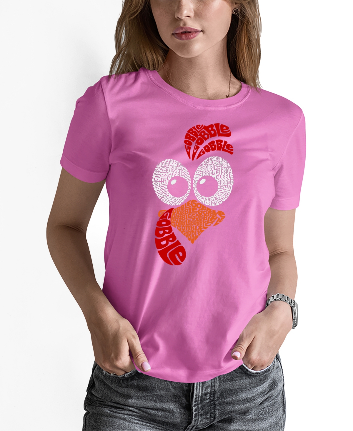 Women's Turkey Face Word Art Crew Neck T-Shirt - Pink