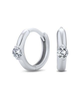 Classic Dainty Round Cubic Zirconia Solitaire Clear CZ Small Hoop Huggie Earrings .925 Sterling Silver