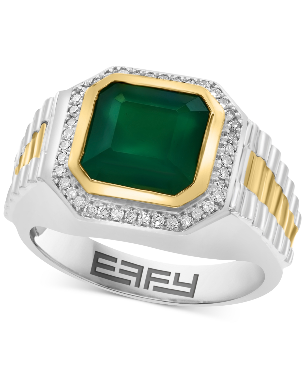 Effy Collection Effy Men's Green Onyx & Diamond (1/5 Ct. T.w.) Halo Ring In Sterling Silver & 18k Gold-plate In Silver