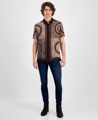 Mens Relaxed Fit Medallion Print Button Down Shirt Slim Fit Jeans