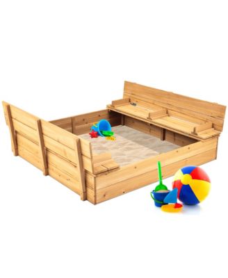 47x47-Inch Kids Wooden Outdoor Sandbox w/ 2 Foldable Bench Seats, Sand Protection, Liner