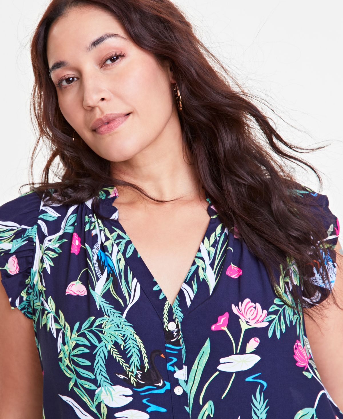 ON 34TH TRENDY PLUS SIZE FLUTTER-SLEEVE PRINTED SHIRT, EXCLUSIVELY AT MACY'S 
