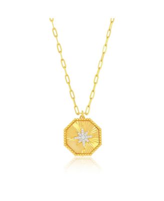 Sterling Silver, Center North Star CZ, Octagon Necklace - Gold Plated