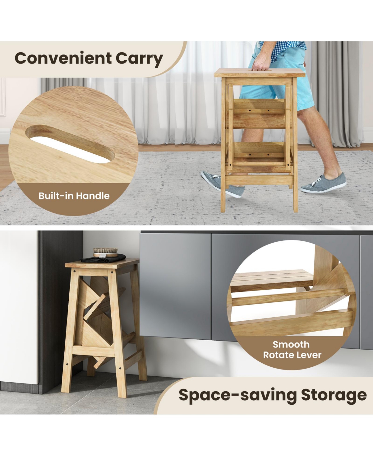 Slickblue 3-in-1 Rubber Wood Step Stool with Convenient Handle For Home