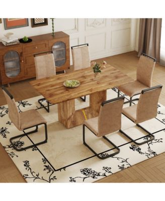 Table and chair set. Modern dining table with MDF top and beautiful MDF legs. Comes with brown comfortable chair with PU seat and metal legs. Suitable for a wide range of decorative styles.