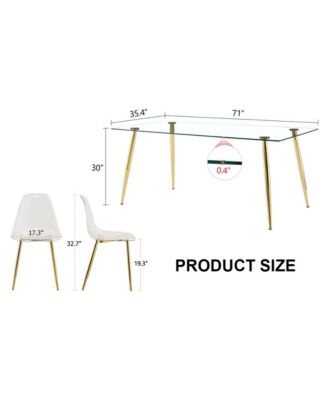 Table and chair set.Modern rectangular glass dining table with tempered glass countertop and golden metal legs, paired with multiple transparent high-quality PET dining chairs with golden legs.