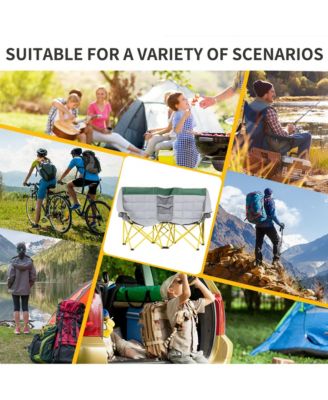 Loveseat Style Camping Chair, Oversized Folding Lawn Chair with Carry Bag & Cup Holders, for Outdoor, Beach, Picnic, Hiking, Travel, Green & Gray