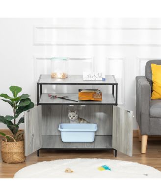 Wooden Cat Litter Box Enclosure, Hidden Kitten Washroom, Indoor End Table with Magnetic Doors & Storage Shelves, Gray