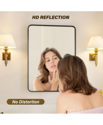 Black Metal Framed Bathroom Mirror for Wall, 24X32 Inch Rounded Rectangle Mirror, Matte Black Bathroom Vanity Mirror, Environmentally Friendly Resin Mirror, Anti-Rust, Hangs Horizontally or Vertically